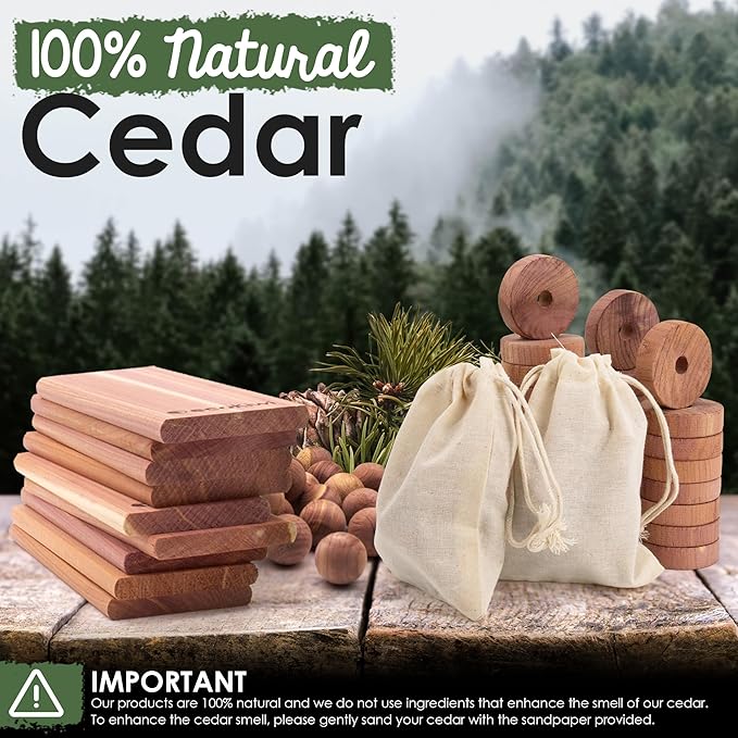 ecoKiwi Cedar Blocks for Clothes Storage Super Bundle Box - Cedar Hangers x10, Balls x30 & Rings x28-100% Natural Oil Planks & Chips for Closets & Drawers - Aromatic Red Cedar Wood with Sandpaper