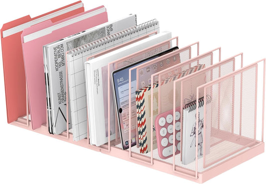 9-Section Desk File Organizer, Vertical File Holder, Mesh Desktop File Folder Metal File Organizer Stand for Office Home Classroom, Pink