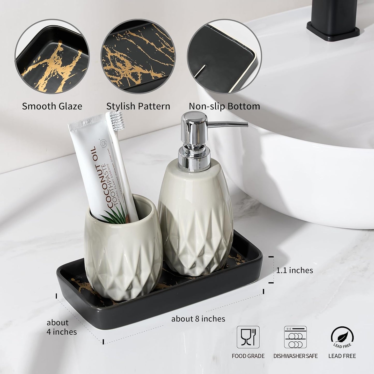 Bathroom Vanity Tray for Countertop,2PC Rectangle Marble Tray Set,Decorative Bathroom Organizer for Scrubber, Lotion Bottles, Perfume, Jewelry, Candle, Key Trinket Ring（Small,Black）