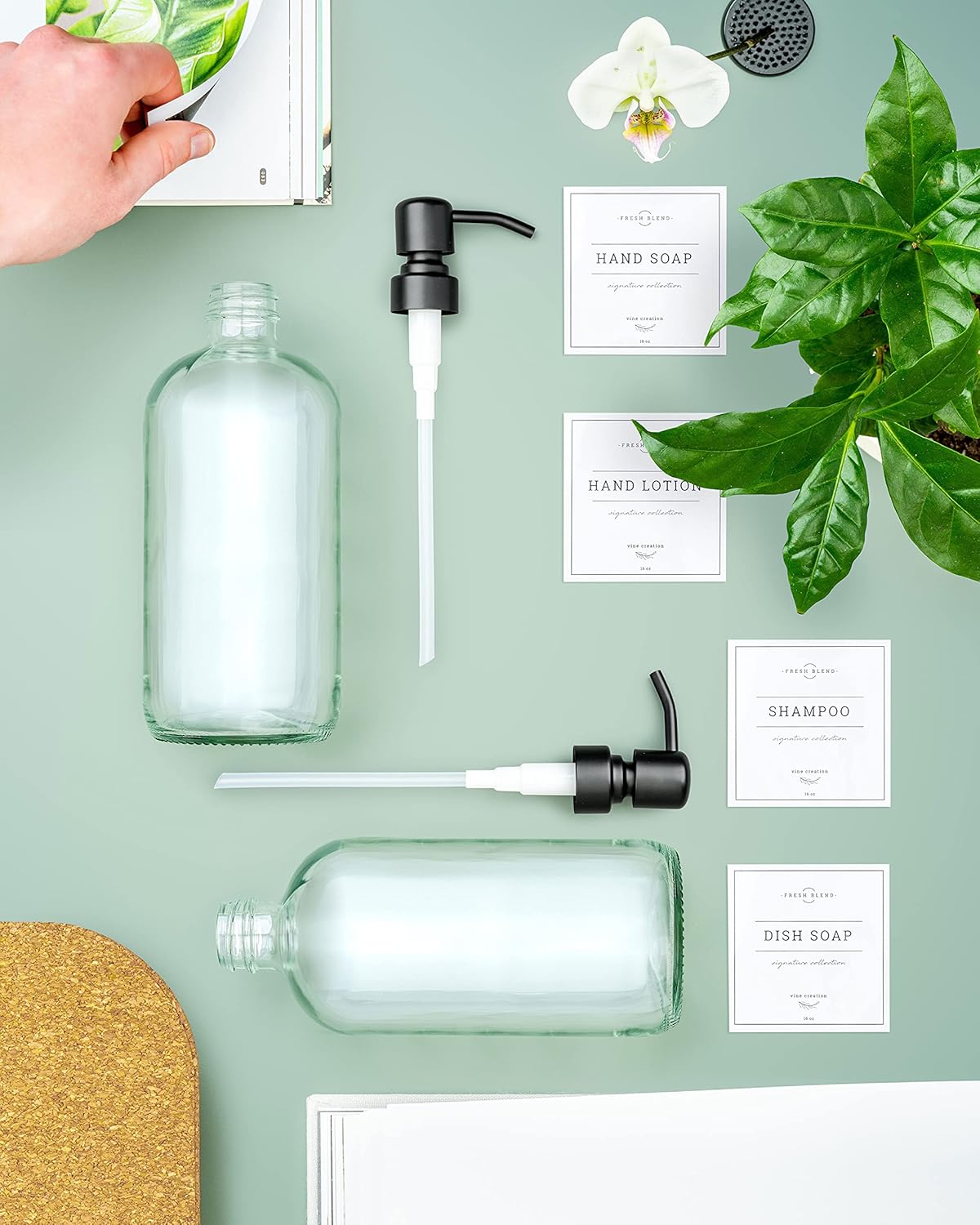 Vine Creations Clear Glass Soap Dispenser, 2 Pack Kitchen Soap Dispenser Set with Stainless Steel Pump, 16 oz Dish Soap and Hand Soap Dispensers for Bathroom with Waterproof Labels