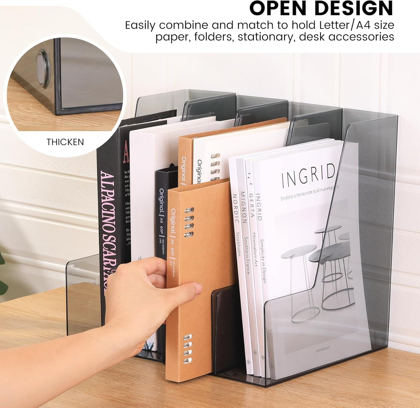 Vertical File Holder, PET Desk Organizer and Storage Bins Holding for Magazines, Binders, Notebooks, Envelopes, Papers, Multi-purpose Plastic Document Organizer for Home Office, Black, 4 Pack