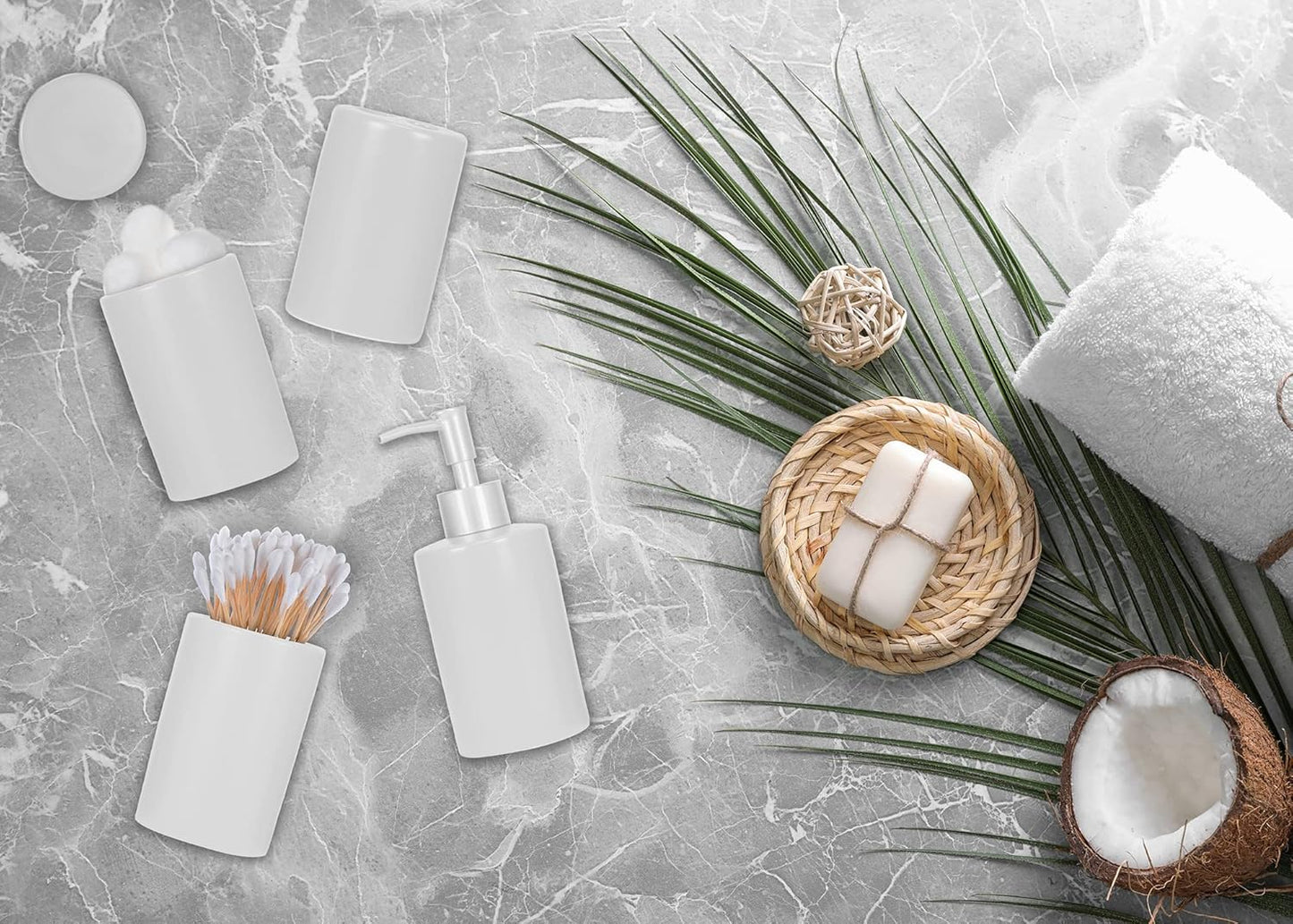 NAT & Jules Chic Modern Rounded 4.5 inch Ceramic Bathroom Accessories Set of 4 - Home Décor & Organization Perfect for Bath or Kitchen Household Essentials, Matte White