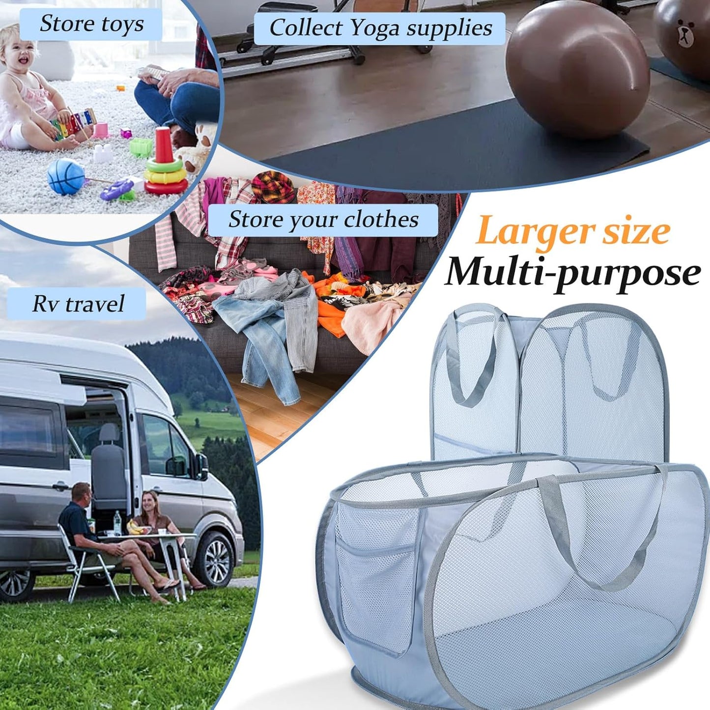 Extra Large Mesh Pop Up Laundry Hamper 2 Pack, 100L Foldable Laundry Baskets, Dirty Clothes Hamper with Pocket, Collapsible Hampers for Travel, Dorm or Home. Grey H+V