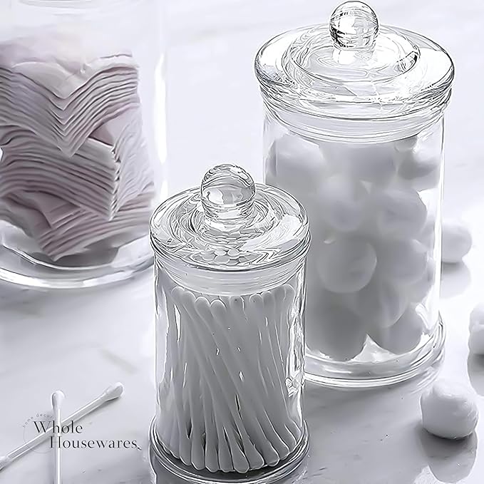 Whole Housewares - Set of 3 Bathroom Canisters - Storage Container Jars - Premium Glass Apothecary Jars with Lids - Small Glass Jar for Kitchen or Bathroom Storage - Decorative Crystal Containers