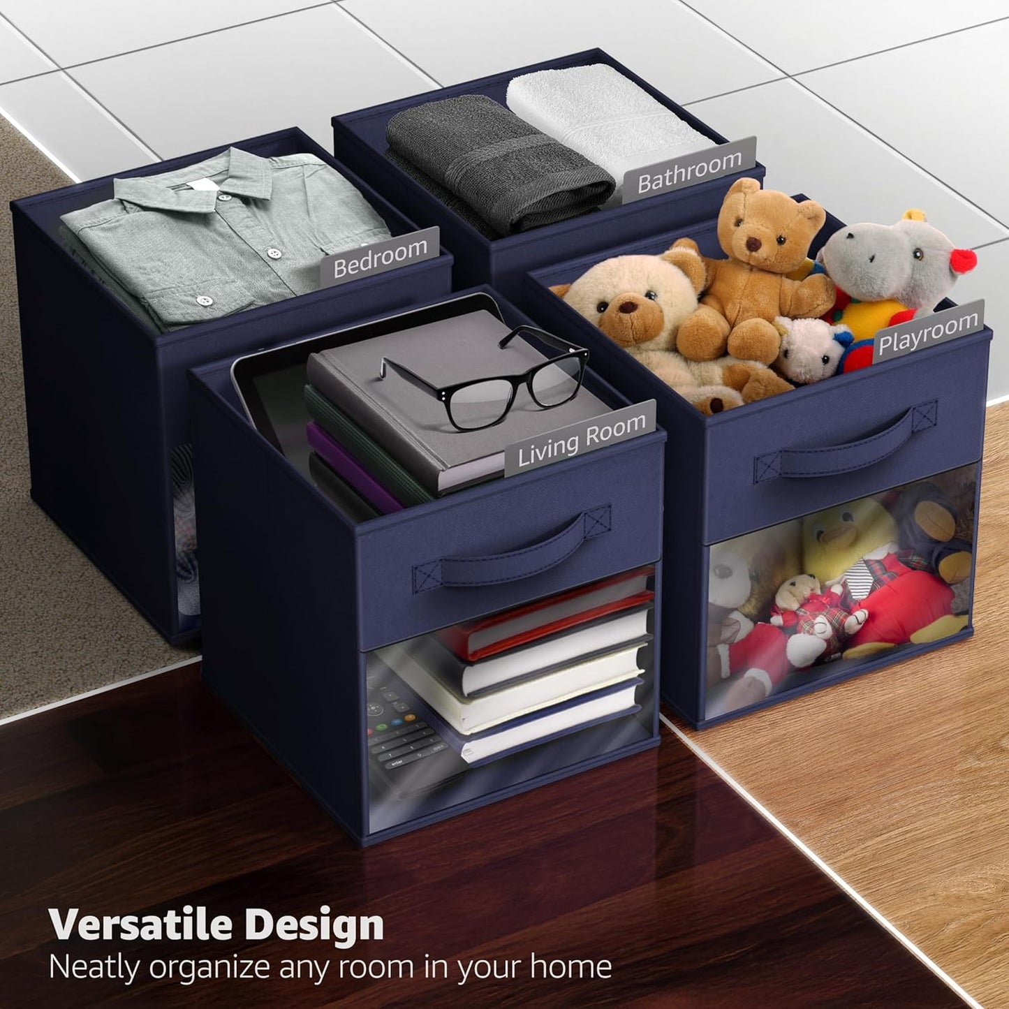 Sorbus 13 Inch Storage Bins with Clear Window - 6 Foldable Baskets for Organizing Clothes, Toys, Books - Sturdy Collapsible Fabric Storage Cubes with Handle - Storage Baskets for Shelves, Closets