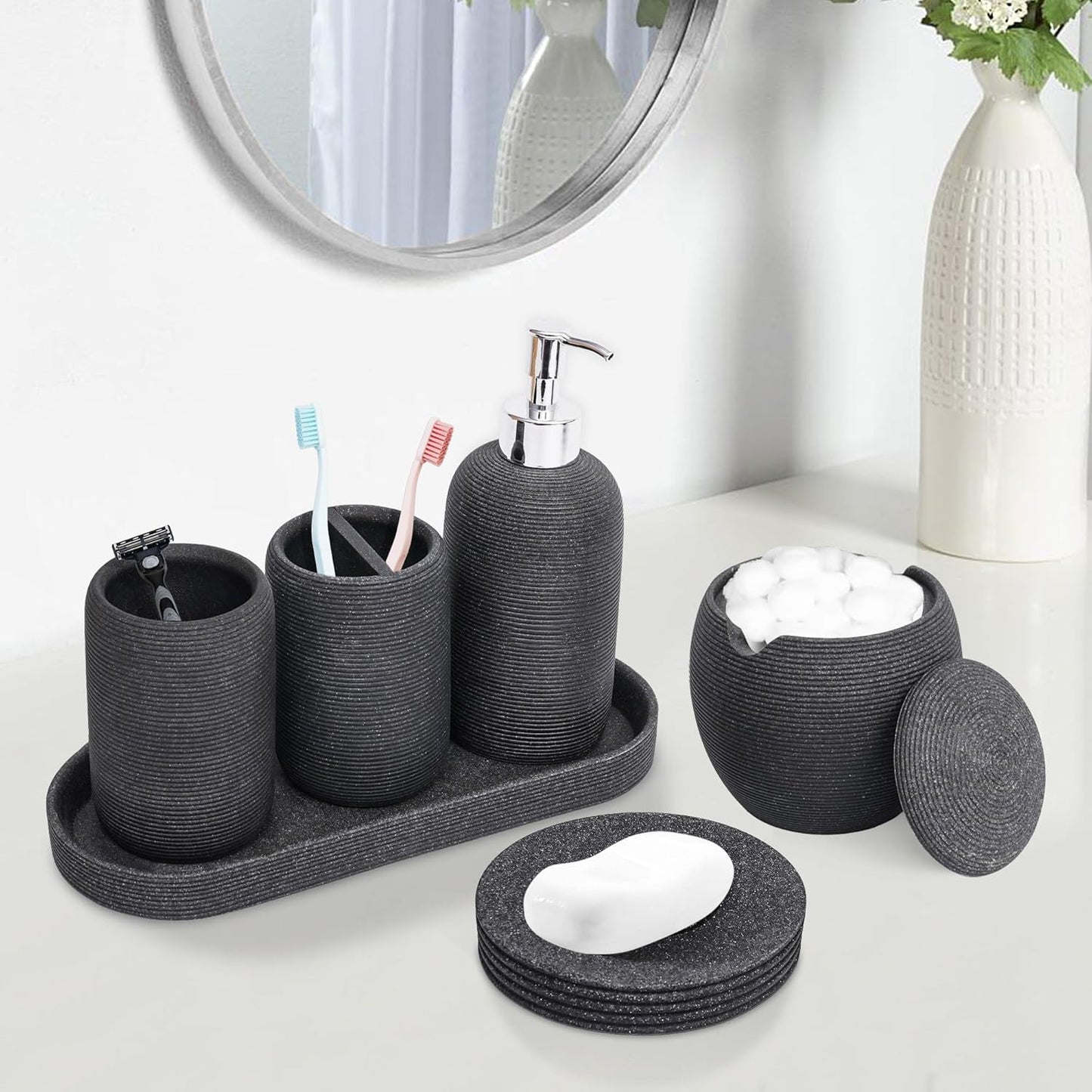 Resin Bathroom Accessory Set - 6PCS Bathroom Accessories Set, Bath Vanity Countertop Accessories with Soap Dish, Lotion Dispenser, Toothbrush Holder, Toothbrush Cup, Vantiy Tray, Qtip Holder (Black)