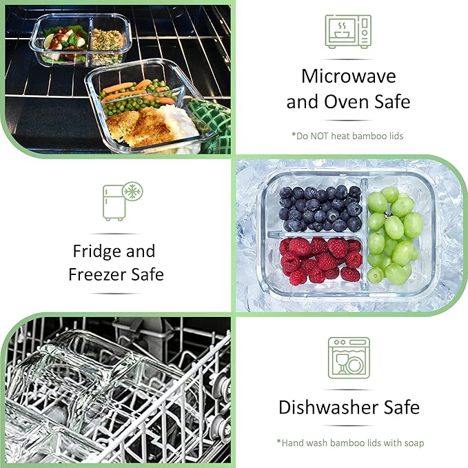 Glass Bento Box Containers with Bamboo Lids, 3 Compartment Glass Meal Prep Containers (3 Pack) - 100% Plastic Free, Eco-Friendly Lunch Container Set, Bamboo Lid Bento Boxes for Adults