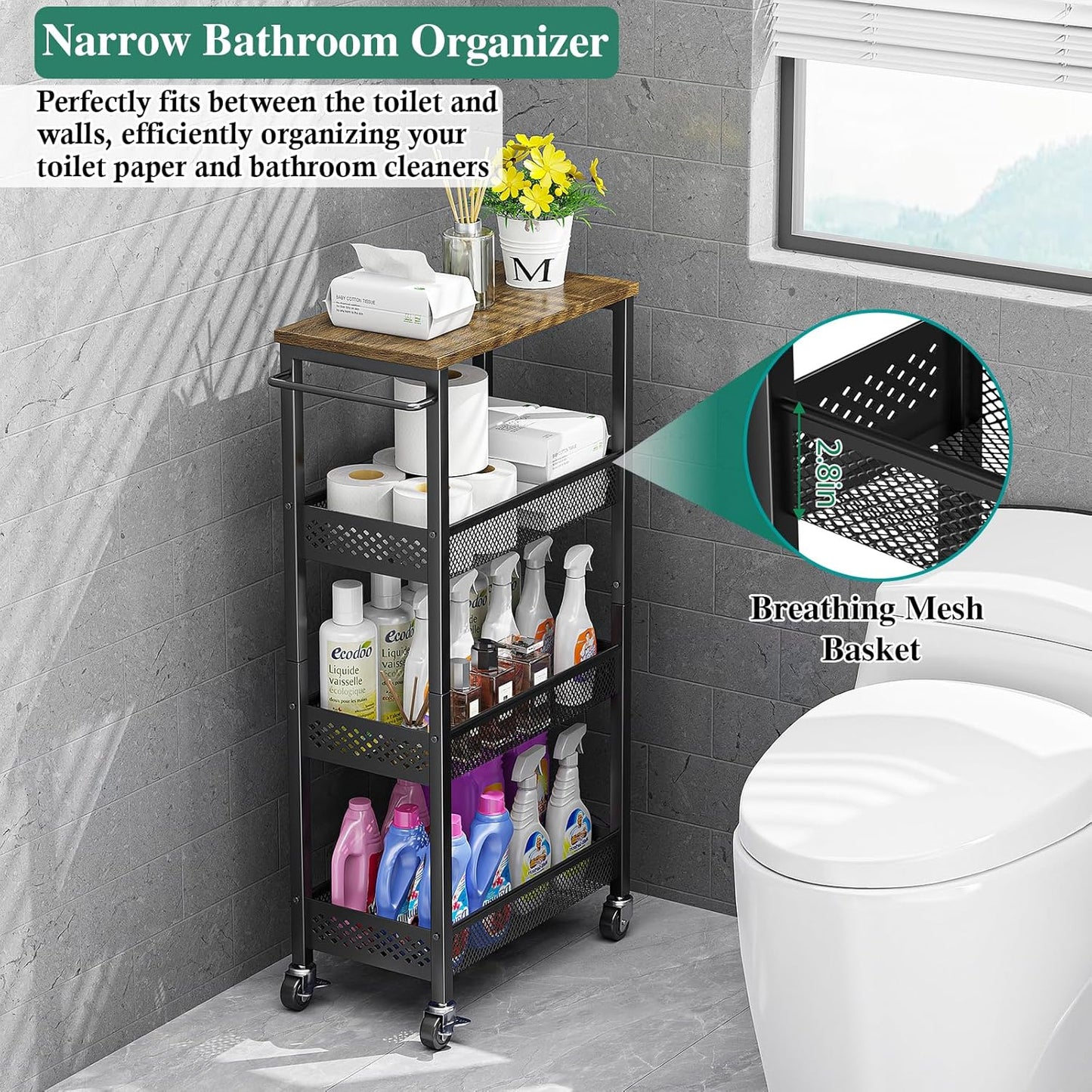 Utility Slim Storage Cart, 4-Tier Narrow Bathroom Organizer and Storage Cart, Metal Narrow Kitchen Laundry Room Organization Rack with Wood Top, Slim Rolling Shelf with Wheels for Small Space