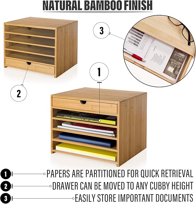 Prosumer's Choice Bamboo Four Cubby Paper Letter Tray Organizer with Single Pull-Out Drawer for Home and Office | Desktop Organizer with Drawer - Natural Bamboo Color