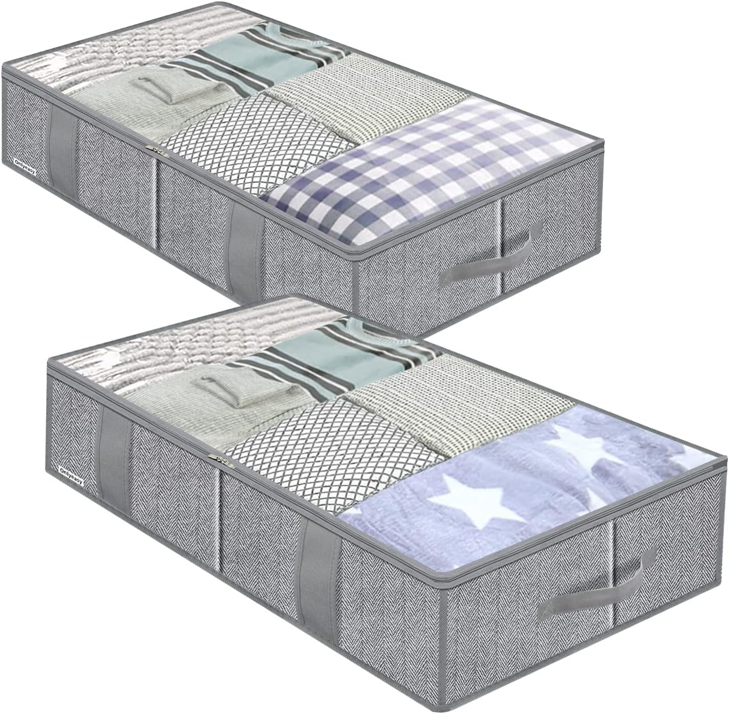 Onlyeasy Breathable Under Bed Storage Bags with 4 Reinforced Handles and Sturdy Side Wall, 2 Pack Eco-friendly Underbed Clothing Blankets Organizer with 2 Strong Zippers, Herringbone Grey, MXRUBBSS2P