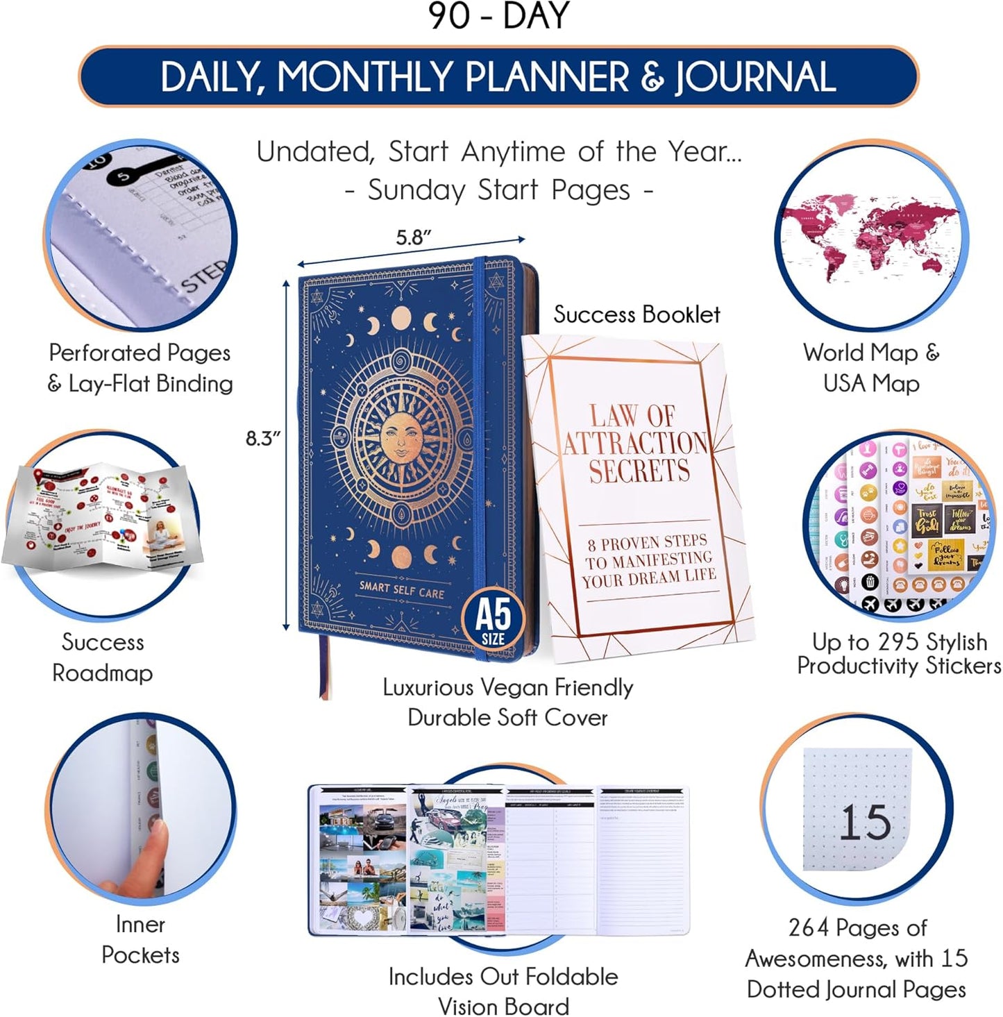 Self Care Journal - 5 Minute Mental Health & Manifestation Journal | 90-Day Undated Daily Planner for Positivity, Affirmations & Gratitude | Guided Mindfulness, Reflection | Vision Board + Stickers