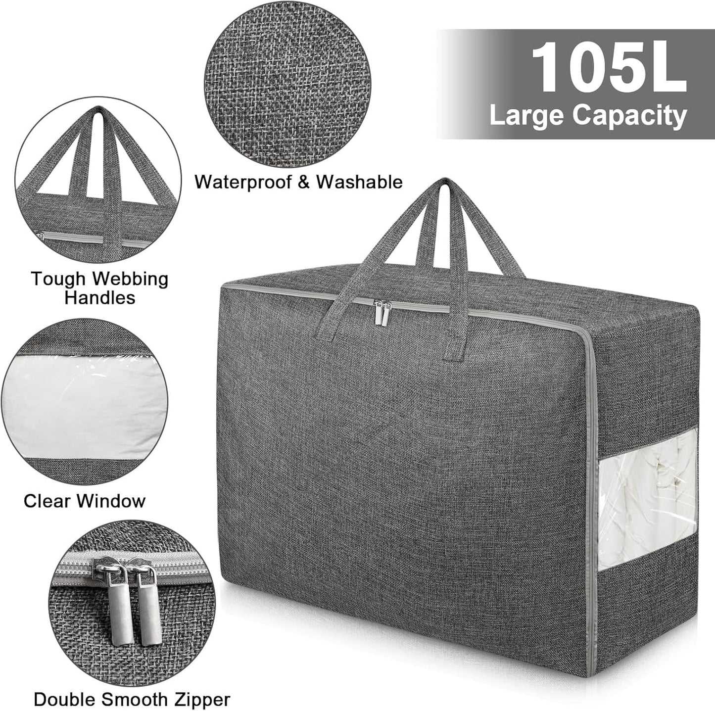 3Pack 105L Extra Large Storage Bags, Folding Comforter Blanket Storage Bags Closet Organizers and Storage Containers for Clothes with Strong Handles&Zippers Clear Window for Bedding Pillow Black