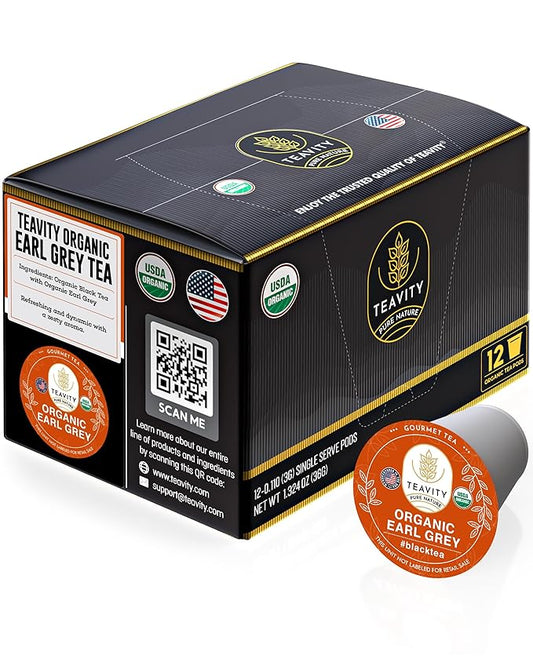 Organic Earl Grey Tea Pods for Keurig - Caffeinated Unsweet Black Tea for K Cup Brewing by Teavity (12 Tea Pods)