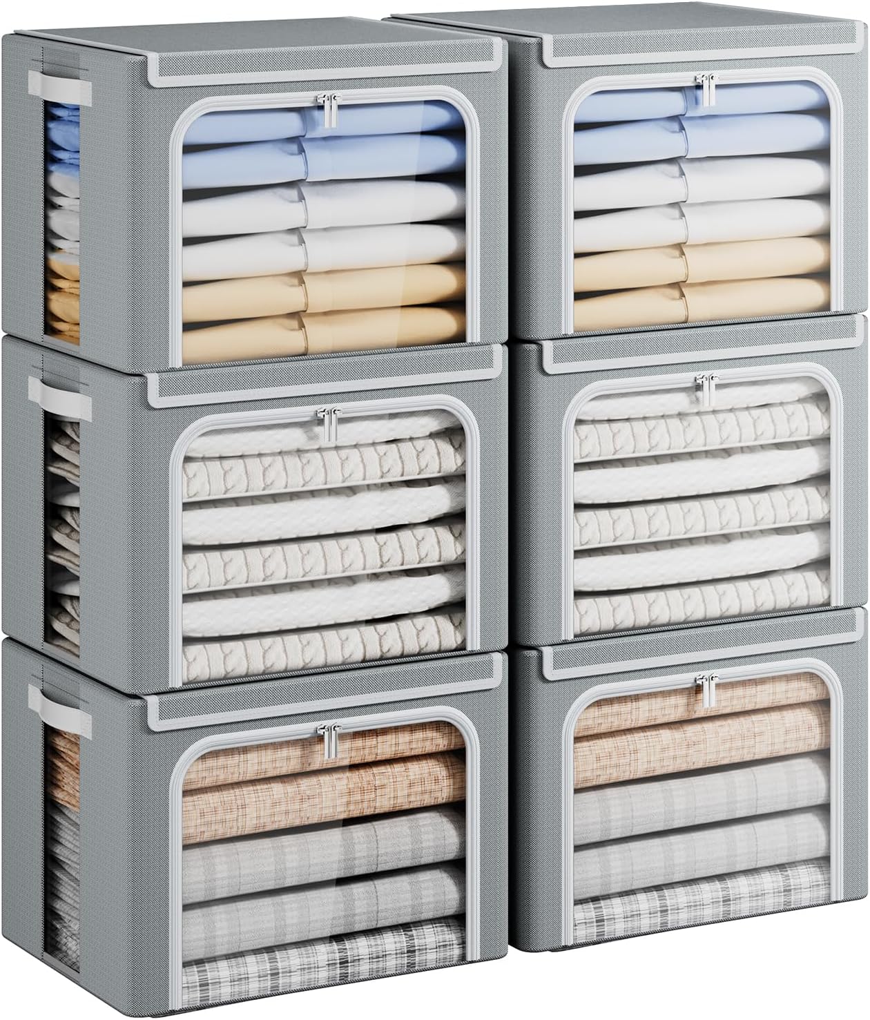 Yecaye Clothes Storage Bins with Metal Frame, Foldable Clothing Storage Bin with Lid, Stackable Oxford Fabric Organizer Box With Clear Window & Zippers & PU Leather Handles (6 Pack,Grey,40L)