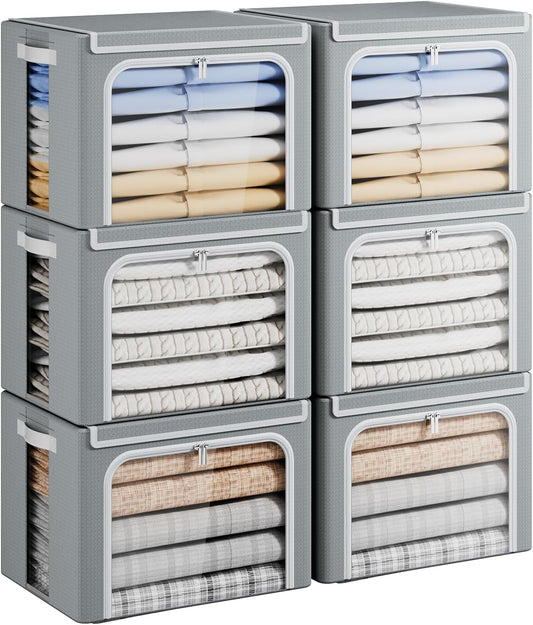 Yecaye Clothes Storage Bins with Metal Frame, Foldable Clothing Storage Bin with Lid, Stackable Oxford Fabric Organizer Box With Clear Window & Zippers & PU Leather Handles (6 Pack,Grey,40L)