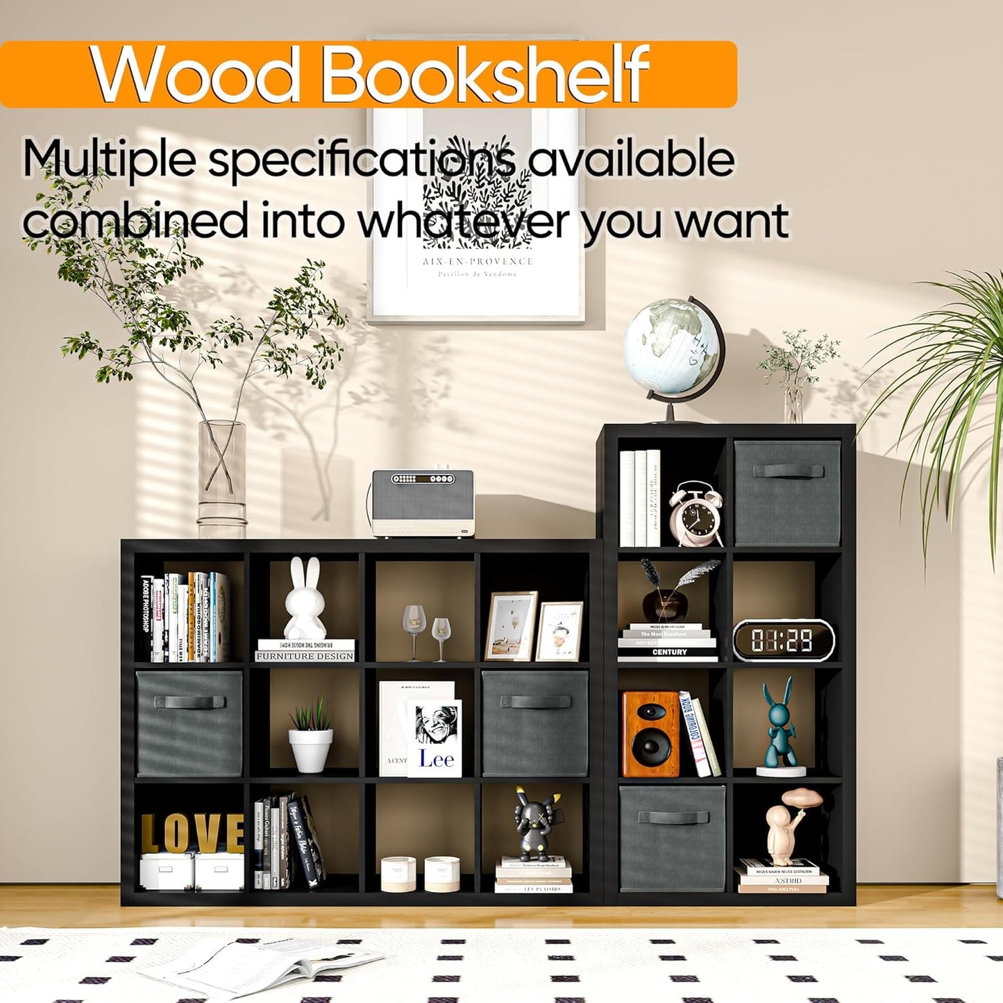 furtble Bookshelf with Storage Bins, 16-Cube Storage Organizer with Back Panels, Modern Wood Open Bookcase, Multifunctional Display Shelf for Living Room, Bedroom, Home Office, Black