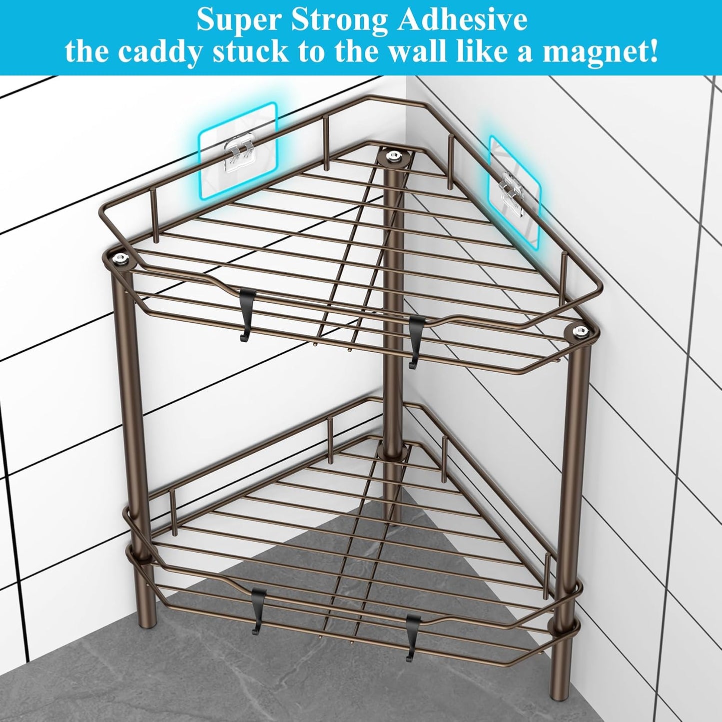 2 Tier Floor Standing Corner Shower Caddy Organizer Shelf with Hooks, Bathroom Shelves Stand Rack, Bronze