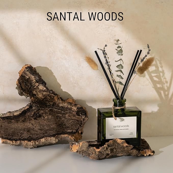 Craft & Kin Christmas Reed Diffuser with Dried Flowers | 5 oz Santal Woods Holiday Scented Reed Diffusers for Home, Bathroom | Scent Sticks | Elegant Fragrance Home Decor for Men & Women