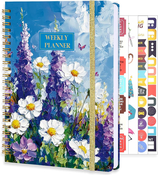 Undated Weekly Planner, A5 Weekly To Do List Notebook with Habit Tracker Spiral Binding Weekly Planner Notebook with Stickers Home Work School Supplies, Purple Flower