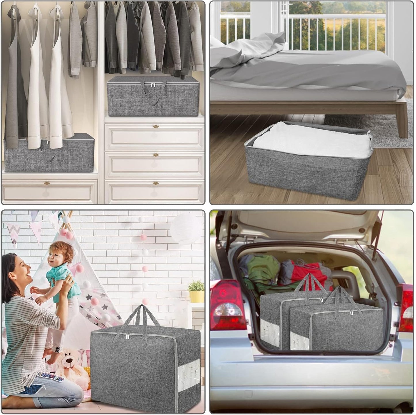 4Pack 105L Extra Large Storage Bags, Folding Comforter Blanket Storage Bags Closet Organizers and Storage Containers for Clothes with Strong Handles&Zippers Clear Window for Bedding Pillow Black