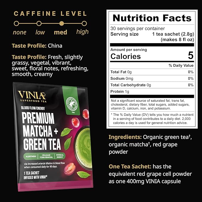VINIA Premium Matcha + Green Tea Bags, Made with Organic Tea, Infused with Piceid Resveratrol for Heart Health, Nitric Oxide, Physical Energy, Alertness, Blood Flow, Keto, Kosher, NON-GMO. 30 Ct
