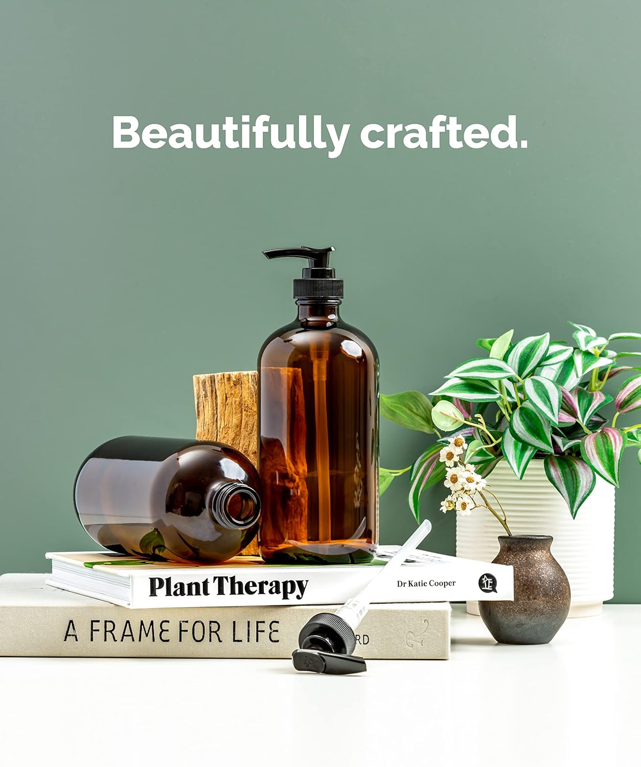 Vine Creations Amber Glass Soap Dispenser, 2 Pack Kitchen Soap Dispenser Set with Rustproof Pump, 16 oz Dish Soap and Hand Soap Dispensers for Bathroom with Waterproof Labels