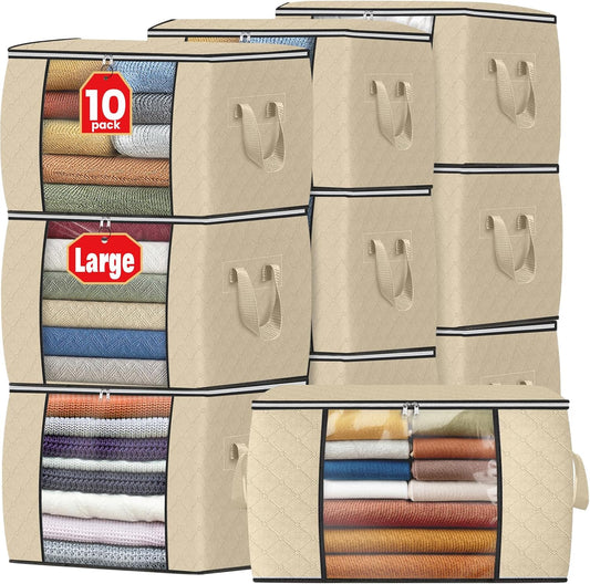 Fab totes 24 Gallons Clothes Storage, Foldable Thick Fabric Blanket Storage Bags, Containers for Organizing Bedroom, Closet, Clothing, Comforter, Organization with Handle (10 Pack,Beige)