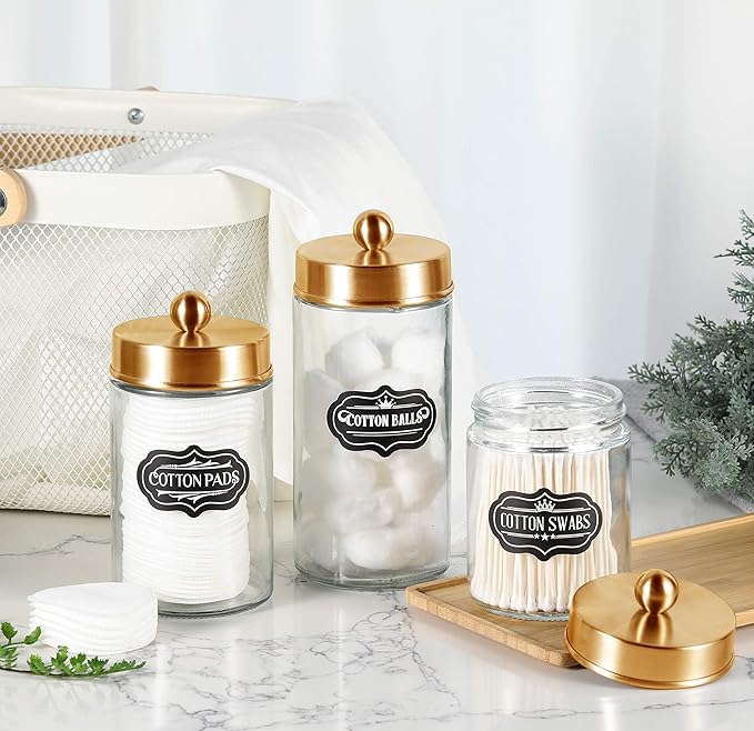 Apothecary Jars 3 Pack - Glass Bathroom Containers with Stainless Steel Lids - Rustic Farmhouse Decor Bathroom Accessories, Vanity Organizer Apothecary Jars for Qtip/Cotton Balls (Gold)