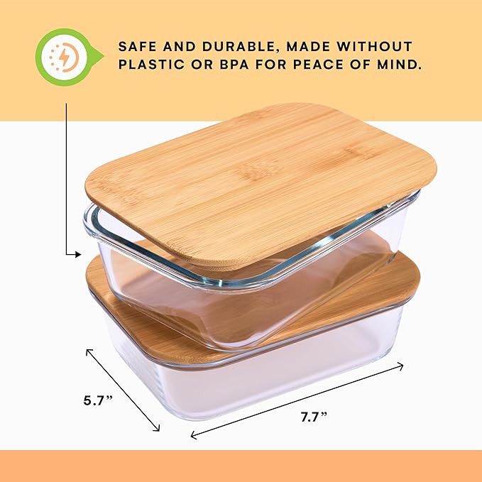 Prosumer's Choice Glass Food Storage Containers with Bamboo Lids (Pack of 2) - Stackable Meal Prep Container - Airtight Glass Food Containers with Lids - Reusable Lunch Pack - 36 Oz