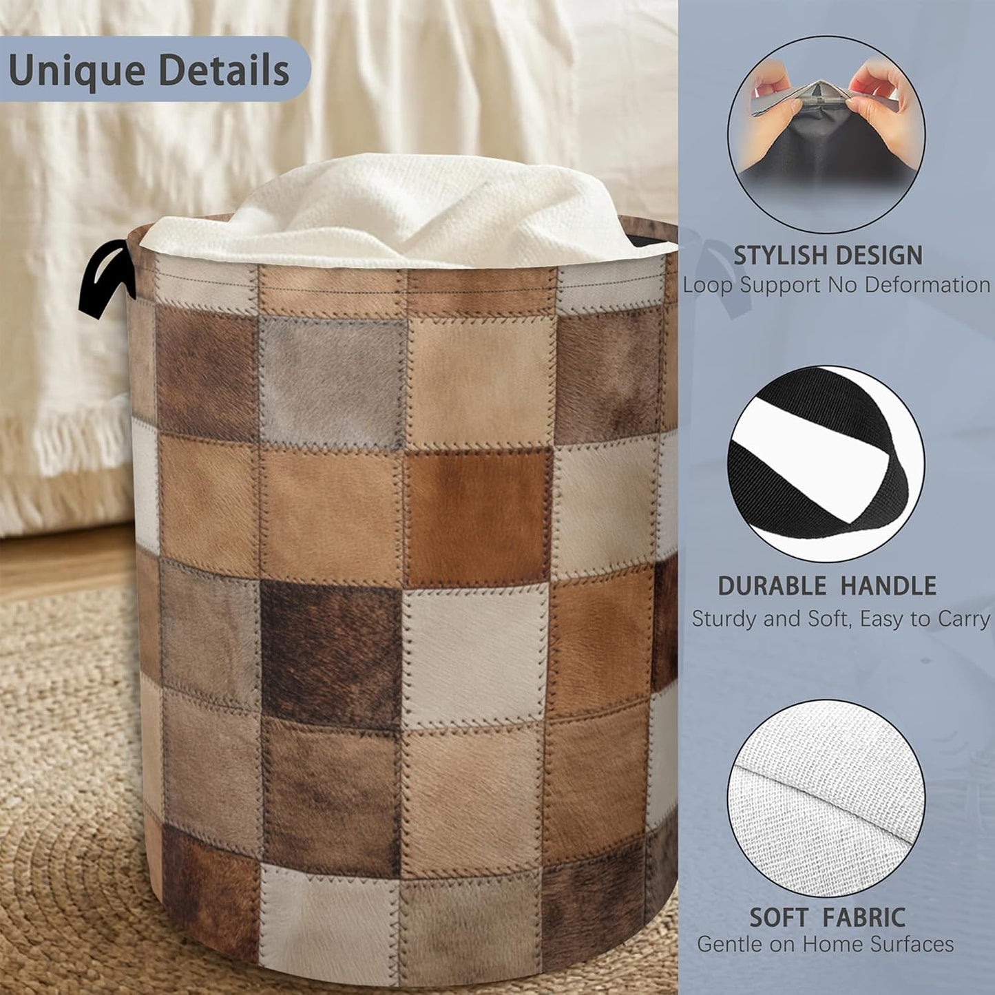 Vintage Cowhide Laundry Basket,Oxford Cloth Laundry Hamper with Handle Foldable Portable Clothes Storage Basket for Bathroom Bedroom Dorm Room 16" x 20.8"