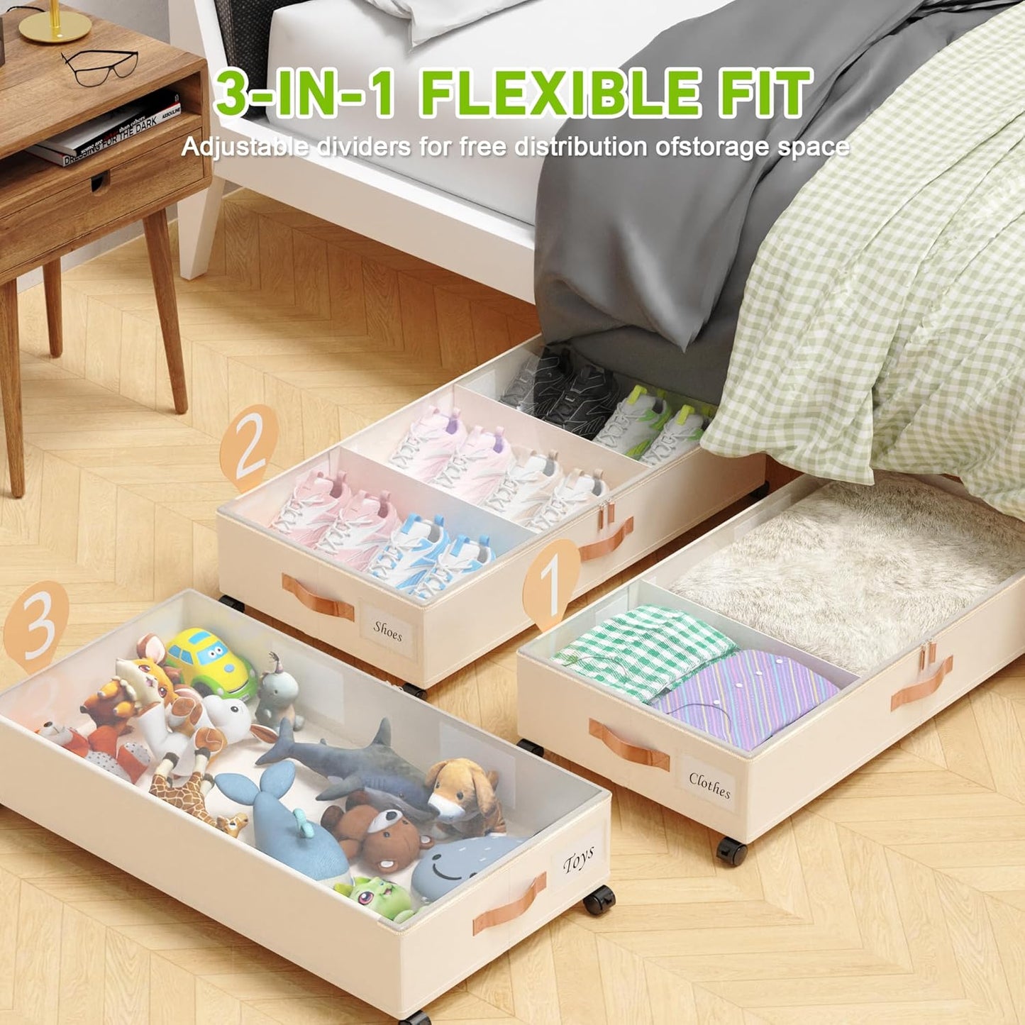 Under Bed Storage with Wheels, 2 Pack Under Bed Storage Containers with Dividers & Clear Lids, Under the bed storage Organizer Bins,Underbed Storage with Wheels for Clothes,Toys,Shoes (White, 2 Pack)