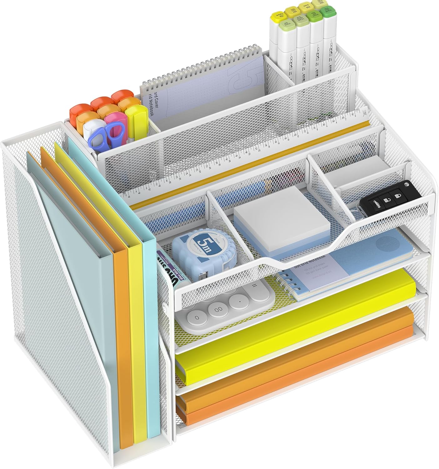 Docnest 4 Tier Mesh Desk Organizer with File Holder – Multi-Functional Paper Letter Tray with 5 Adjustable Compartments, 3 Pen Holders, Desktop Storage for Files, Mail, Stationery – White