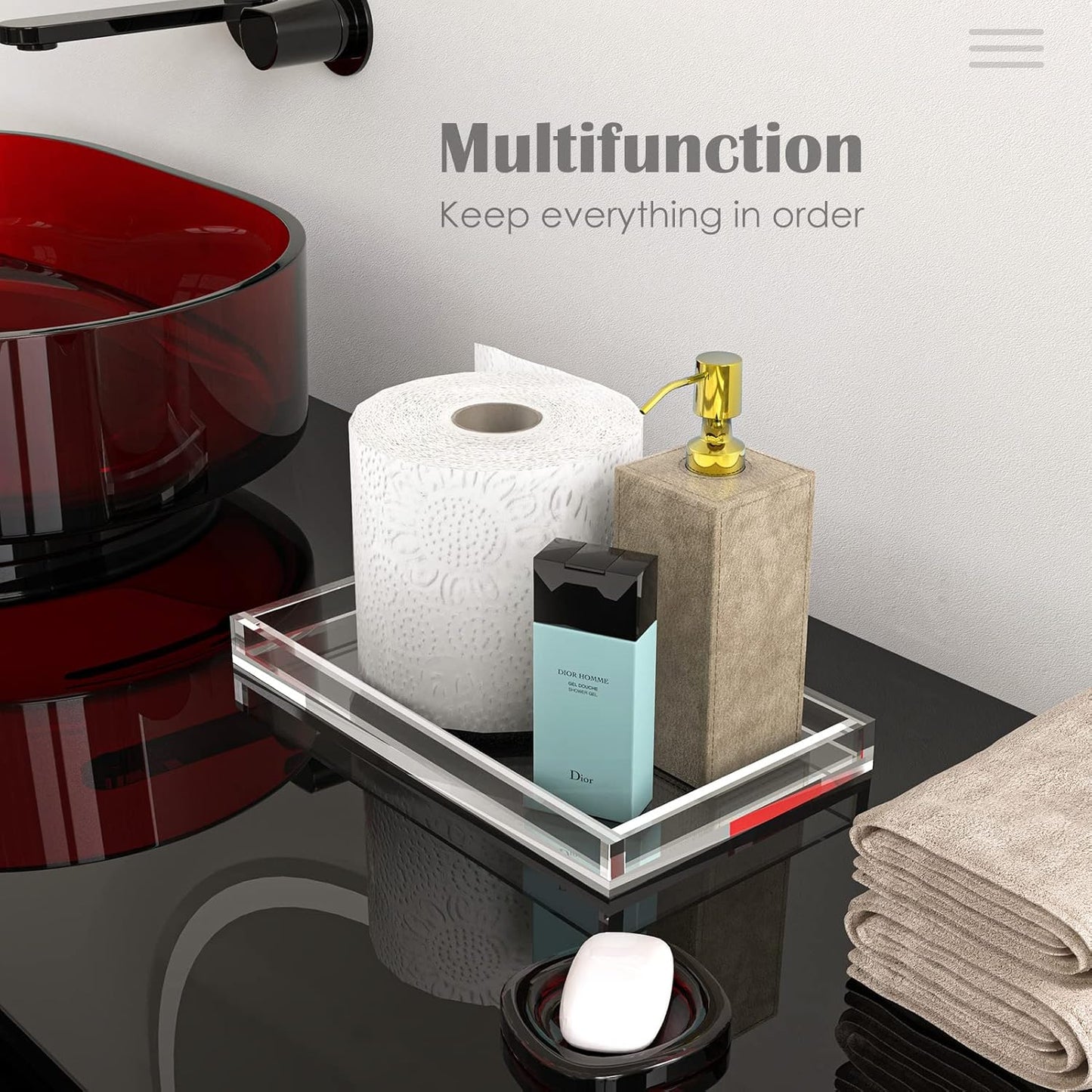 Vanity Tray 8mm Thicken Clear Acrylic Organizer Tray 10.5 * 6" for Bathroom Sink Countertops, Dresser Tops, Toilet, Perfume, Soap, Rings, Earrings and Necklace Small Decorative Tray for Home