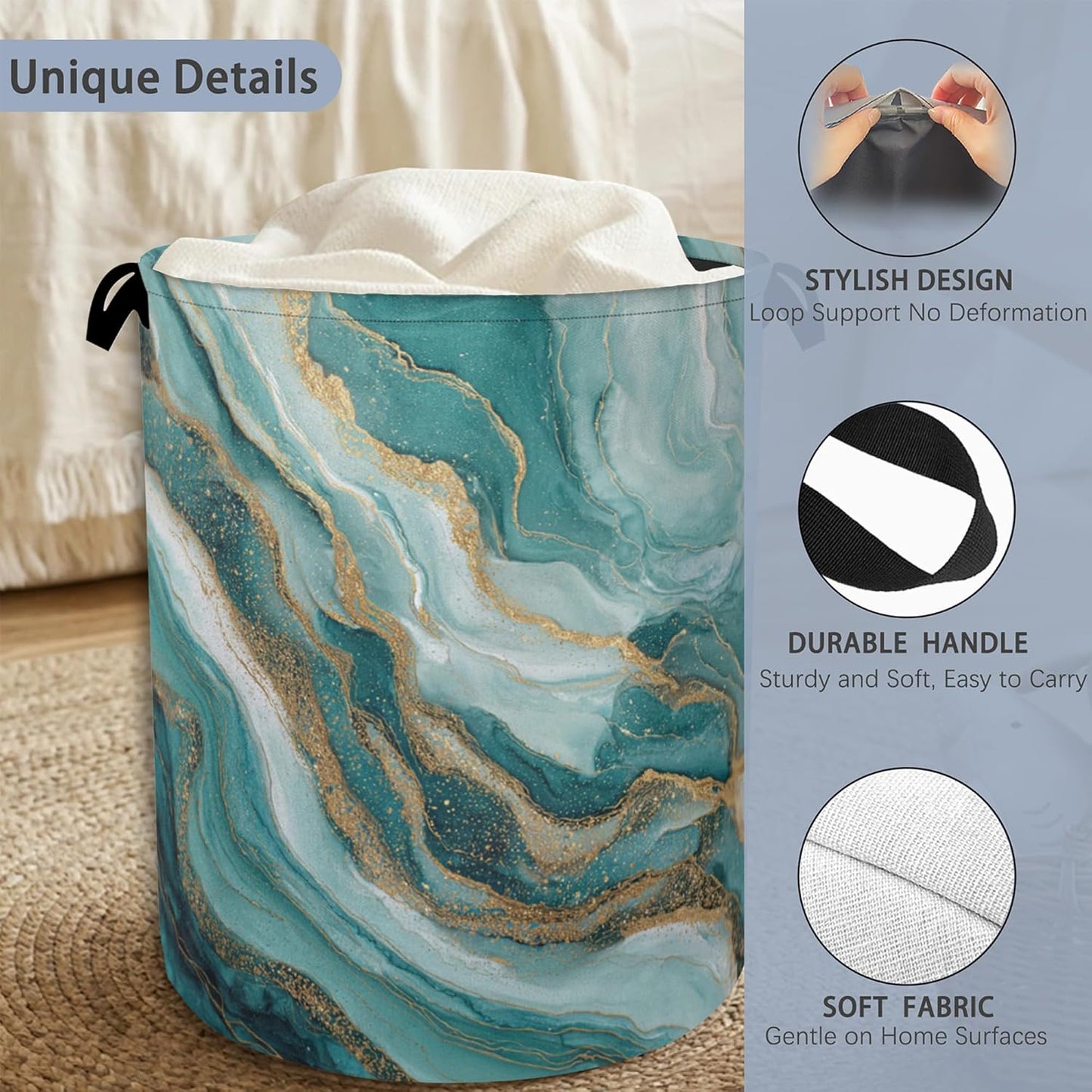Blue Green Gold Marble Laundry Basket,Foldable with Handles Tote Bag Oxford Cloth for Bathroom Bedroom Dirty Clothes Storage Bucket 16" x 20.8"