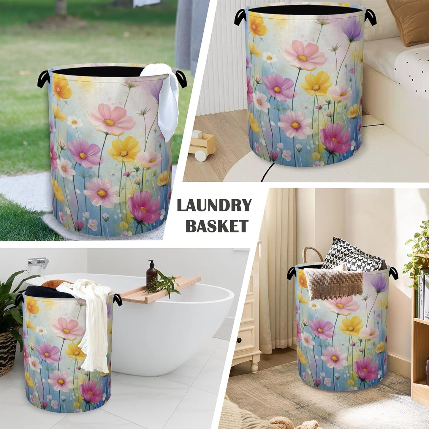 Retro Flowers Floral Laundry Hamper,Dirty Clothes Laundry Basket with Handles Waterproof Oxford Cloth Storage Basket for College Dorms Bathroom Bedroom 16" x 20.8"