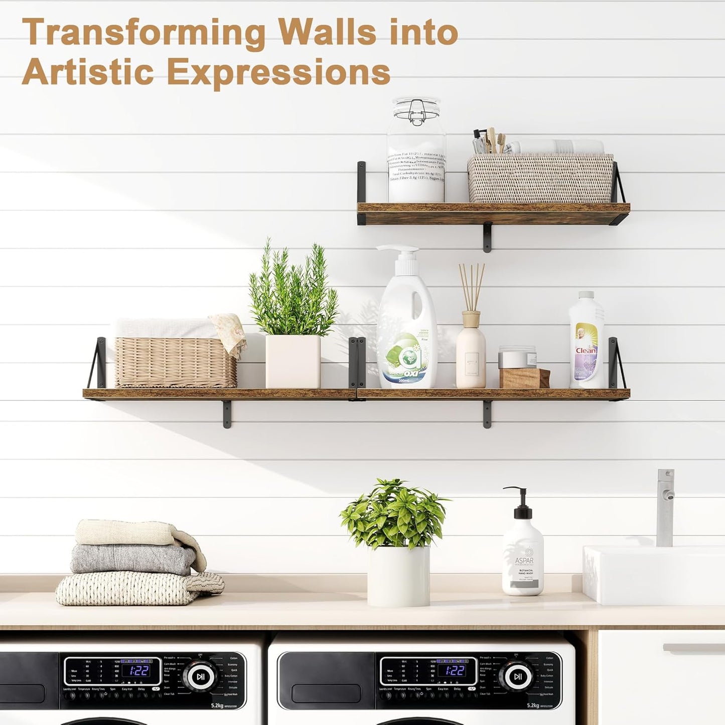 Fun Memories Floating Bookshelves, Set of 3 Wall-Mounted Wood Shelves 24" W x 8" D, Decorative Wall Shelf for Living Room, Bedroom, Bathroom, and Laundry Room (Rustic Brown)