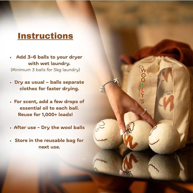 Woolly’s Wool Dryer Balls (Pack Of 6) | 100% Pure New Zealand Wool | Reduces Drying Time up to 40% | Chemical-Free Fabric Softener