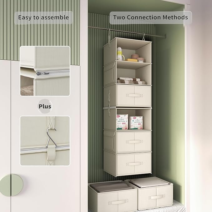 Vailando 6-Shelf Hanging Closet Organizer, 2 Separable 3-Shelf Hanging Shelves with 3 Drawers for Wardrobe, Nursery, Baby Clothes Organization and Storage, Beige