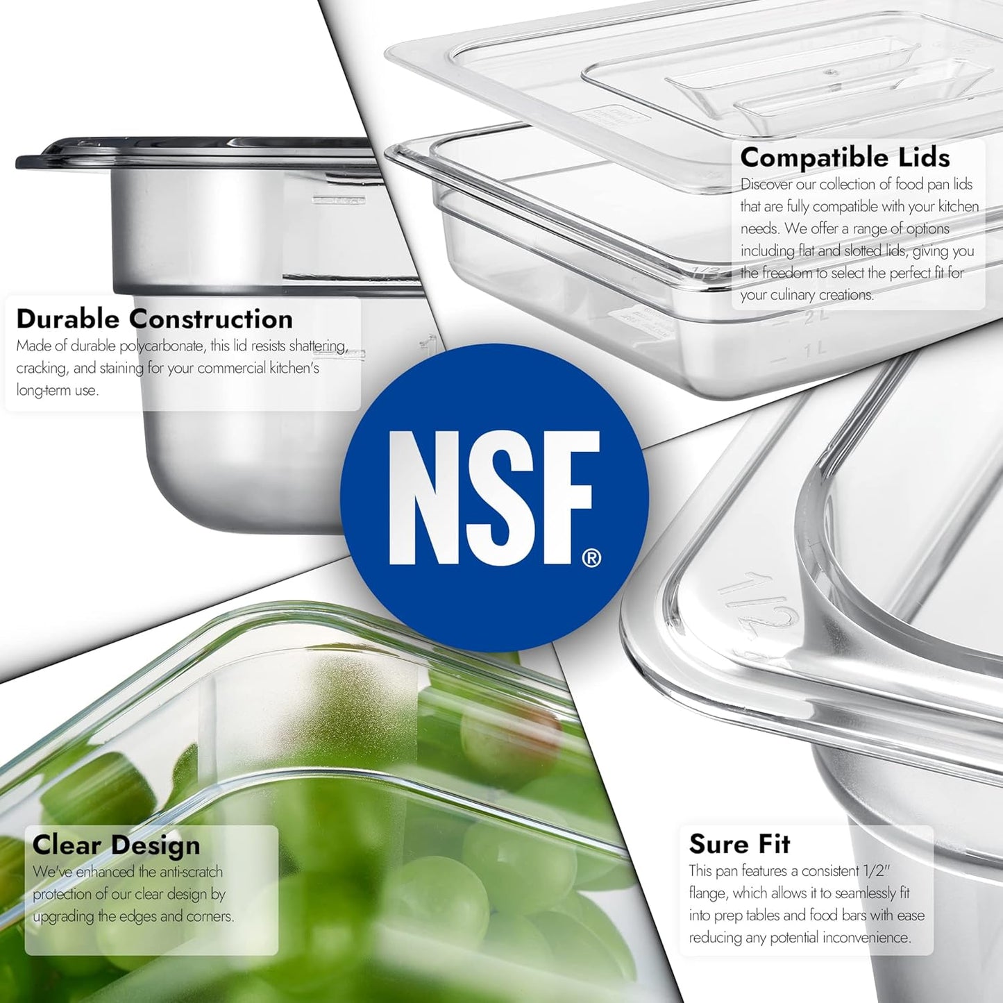 CURTA 6 Pack NSF Food Pans, Half Size 2 1/2 Inch Deep, Commercial Polycarbonate Plastic Clear Freezer-Safe