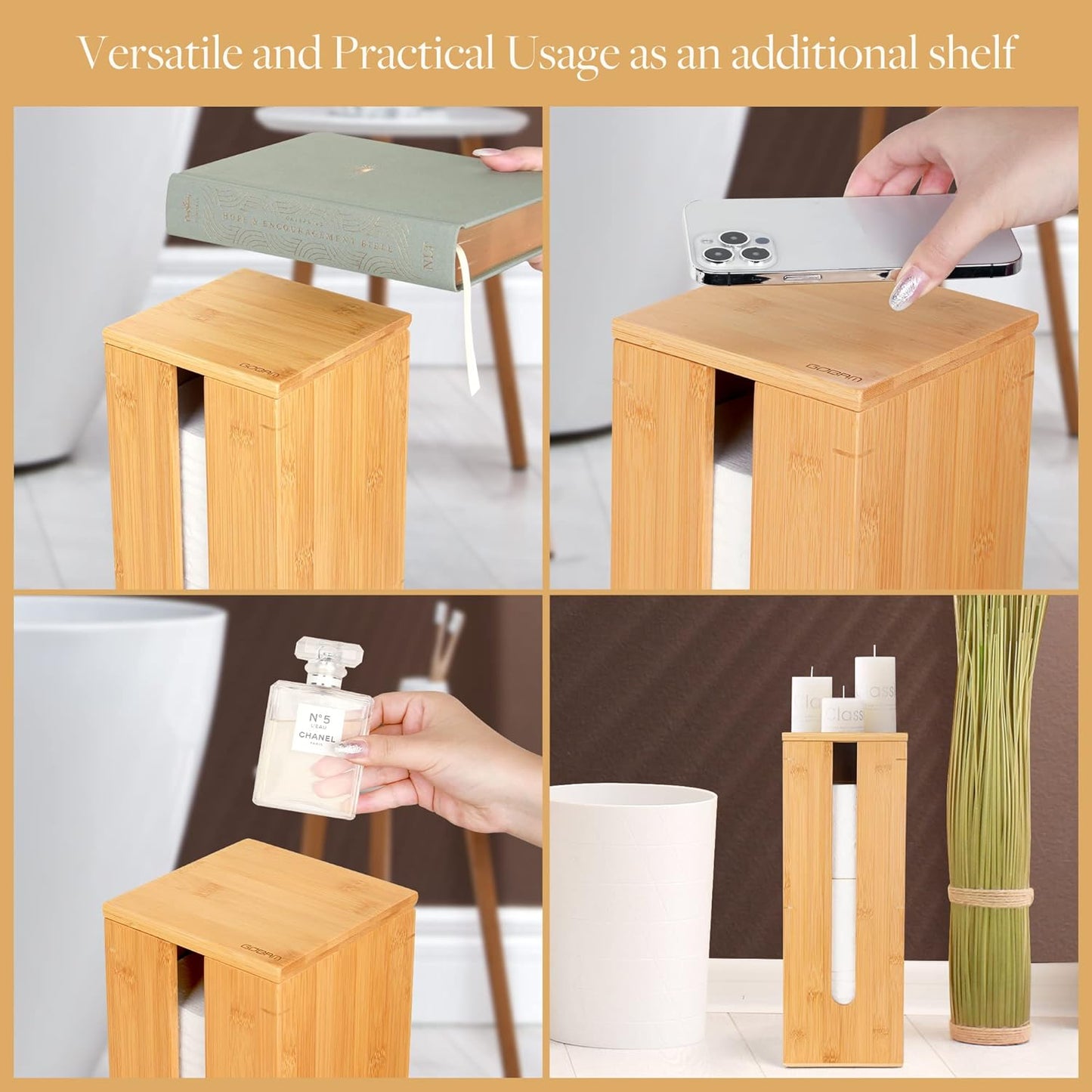 GOBAM Bamboo Toilet Paper Storage - Fits 3 Mega Toilet Paper, Bathroom Organizer, Toilet Paper Holder Stand, Bamboo Bathroom Accessories - Natural, 5.9 x 5.9 x 16.1 inches