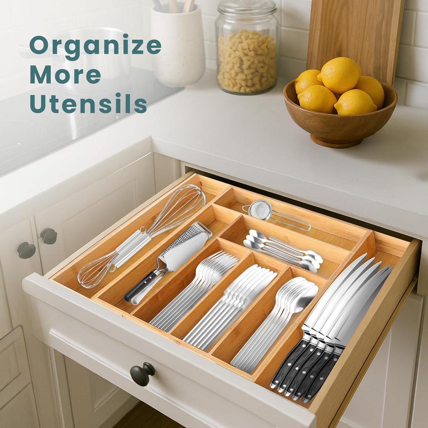 Sben Expandable Drawer Organizer for Utensils Holder, Adjustable Cutlery Tray, Wood Drawer Dividers Organizer for Silverware, Flatware, Knives for Kitchen (Bamboo)