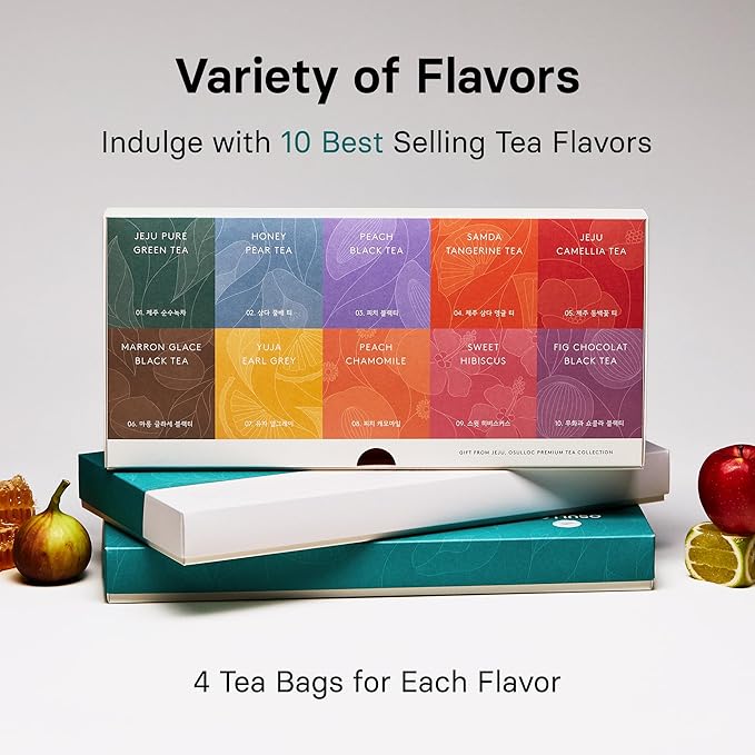 OSULLOC Premium Tea Collection (40 count, 10 flavors x 4 ea), Christmas Gift Guide, Self Care Gift Box, Premium Organic Pure & Blended Tea from Jeju