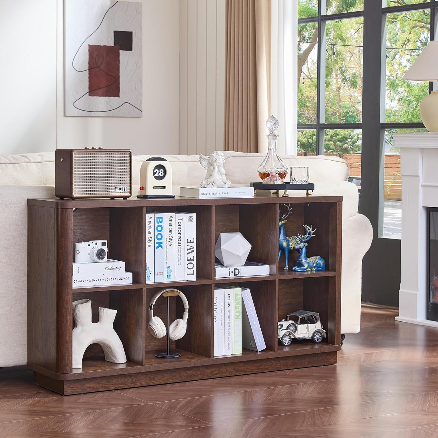 8 Cube Bookcase, 52" Long Horizontal Book Shelf w/Curved Edge, Floor Standing 2-Tier Cubby TV Stand Bookshelf with Wooden Base, Farmhouse Low Storage Cabinet for Living Room, Office, Walnut