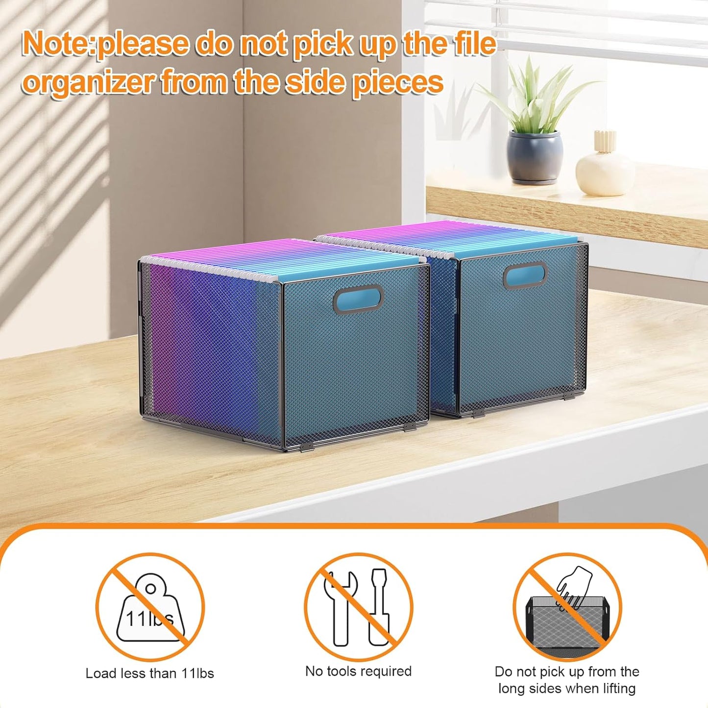 Hanging File Organizer, File Box Organizer with Handle, Metal Mesh Hanging File Folder Box, Letter Size Filing Crate Bin Holder for Home Office Desk(2 Pack)