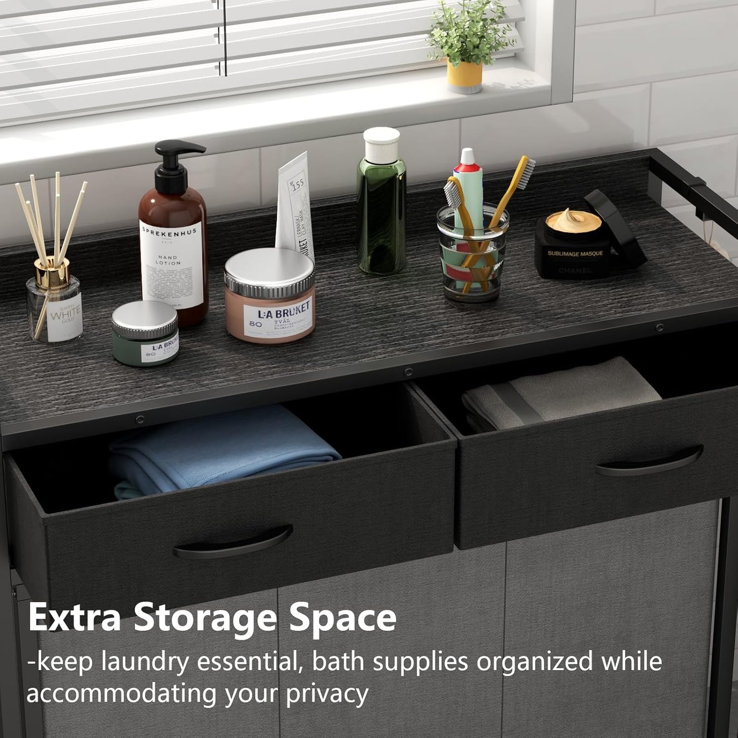 Laundry Hamper Laundry Basket with 3 Section Pull-Out Rolling Bags, Laundry Sorter for Organization and Storage with 2 Pull-Out Drawers for Laundry Room, Bathroom, Bedroom Use (Black)