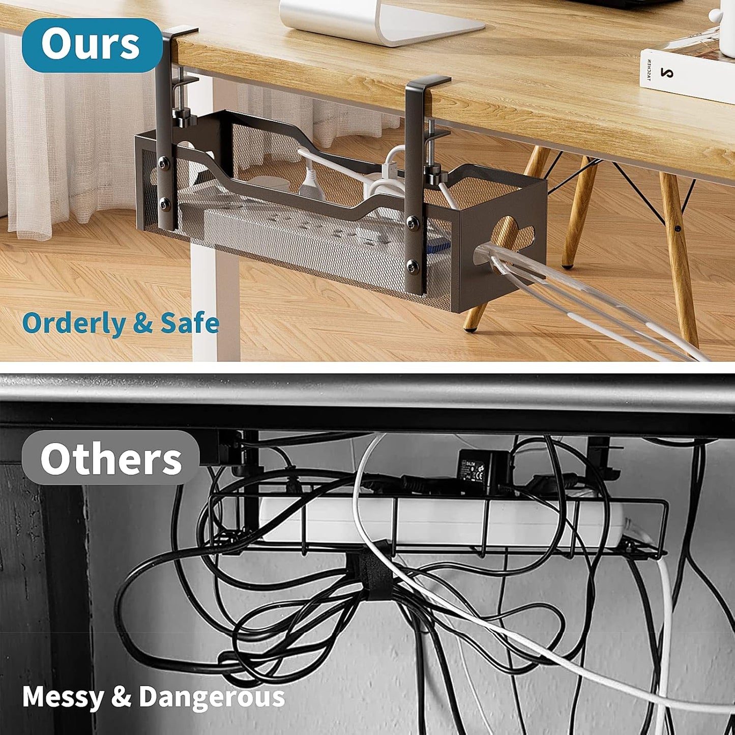 Under Desk Cable Management Tray No Drill, Metal Mesh Cable Management Under Desk with Clamp Mount, 2 Hole Cable Tray with Wire Management and Cord Organizer for Home Office Standing Desk