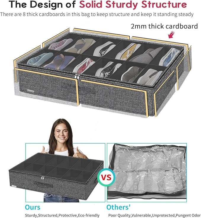 Sturdy Closet Under Bed Shoe Organizer Set of 2 (Fit 12+12 Pairs), Foldable Underbed Shoe Storage Box Bin with Zippers & Handles, Organizador De Zapatos, Linen-like Black, ZMXAUBSB2P