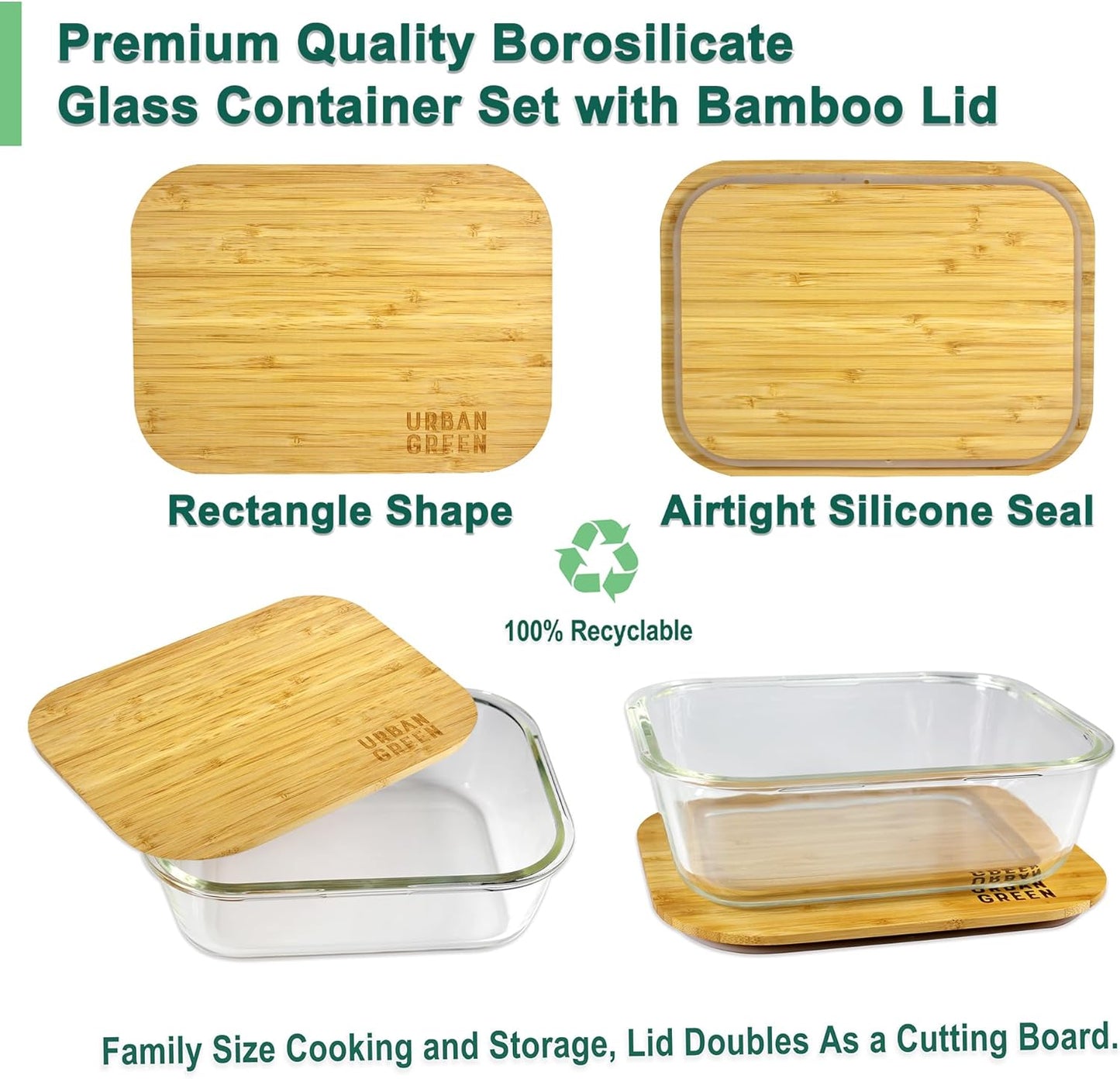 Urban Green Glass Container with Bamboo Lid, 2 Pack of 50oz, Large Glass food storage Container with Lids, Meal Prep Containers Set of 2