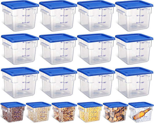 Yungyan 12 Pcs 6 Qt Commercial Food Storage Containers with blue Lids Restaurant Square Airtight Food Storage Containers Clear Cereal Container for Kitchen Freezer Dishwasher Pantry