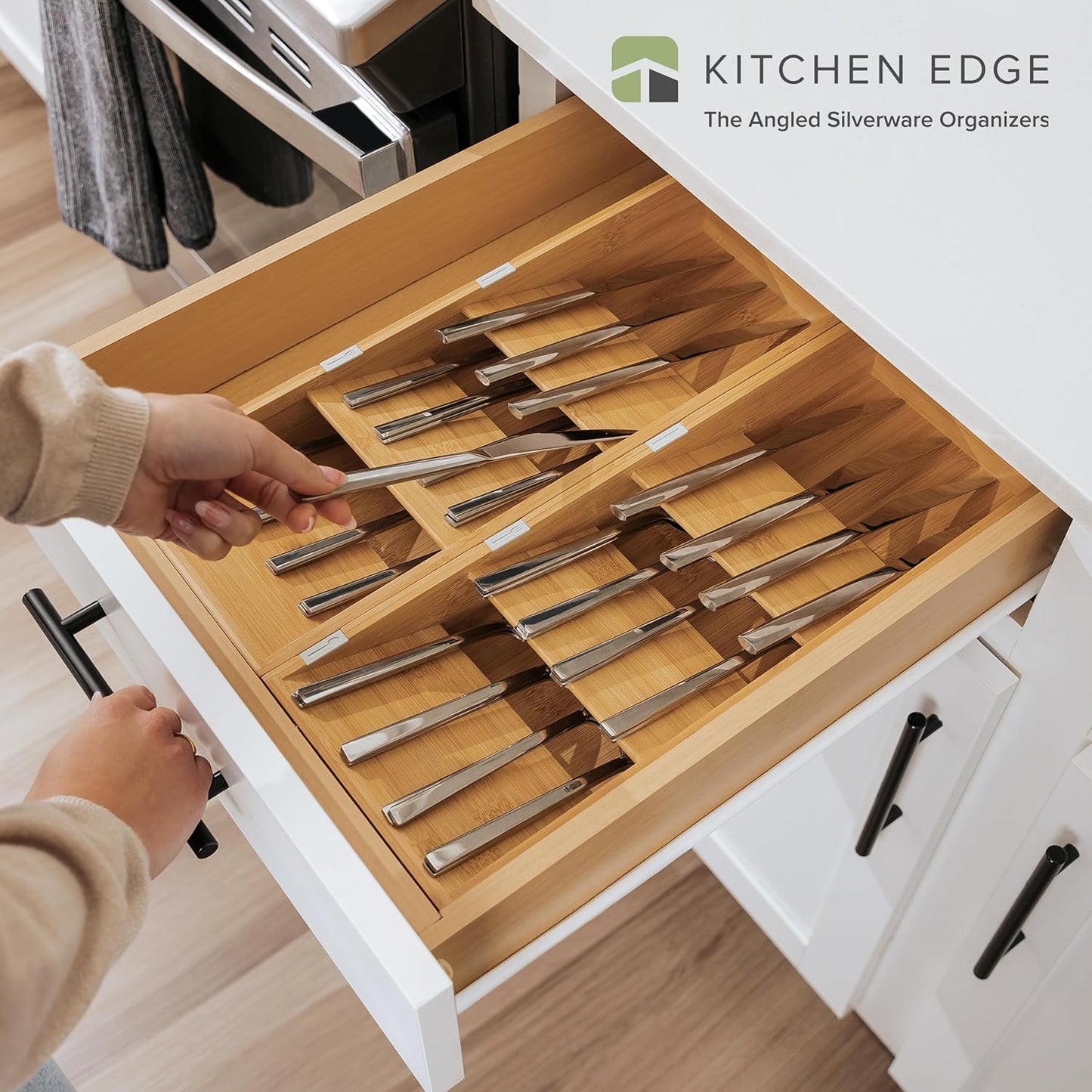 KitchenEdge Premium Cutlery, Flatware, and Silverware Drawer Organizer – Slanted 3-Compartment Design with Labeled Slots, Non-Slip Feet, 100% Sustainable Bamboo, 2 Pack
